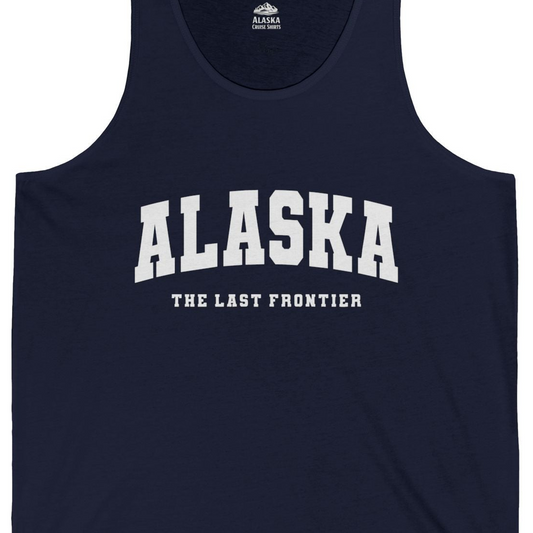 Alaska The Last Frontier Bold Collegiate Vintage State Pride Shirt — Tank Top Tank Top – Navy – Alaska Cruise Shirts Close Up