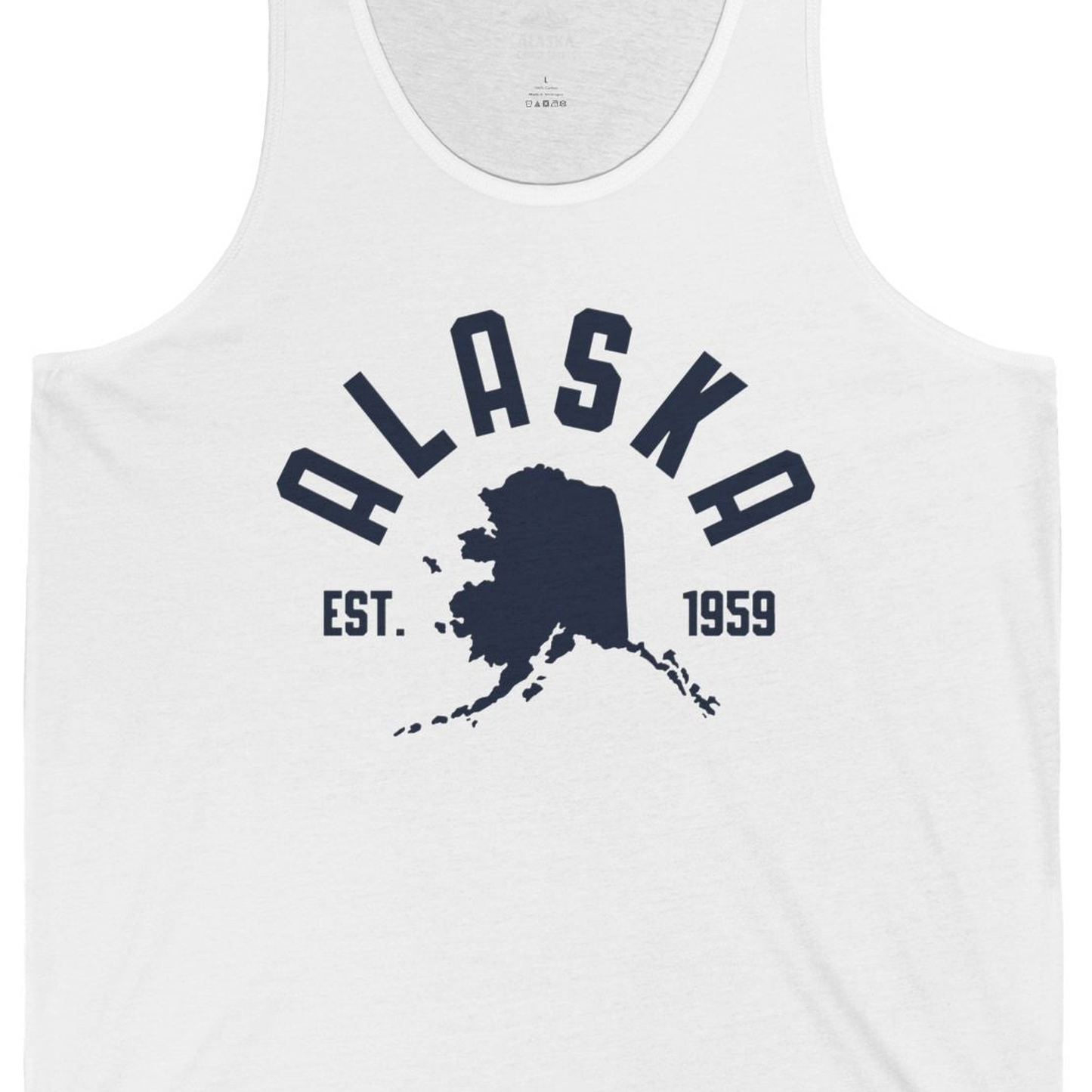 Vintage Alaska State Outline Est 1959 Retro Collegiate Shirt — Tank Top Tank Top – White – Alaska Cruise Shirts Close Up