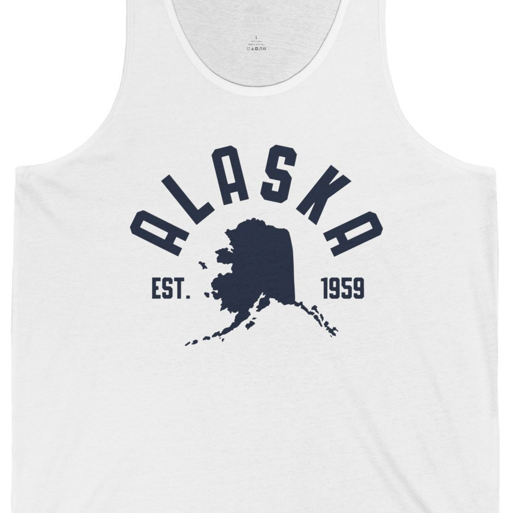 Vintage Alaska State Outline Est 1959 Retro Collegiate Shirt — Tank Top Tank Top – White – Alaska Cruise Shirts Close Up