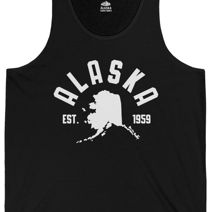 Vintage Alaska State Outline Est 1959 Retro Collegiate Shirt — Tank Top Tank Top – Black – Alaska Cruise Shirts Close Up