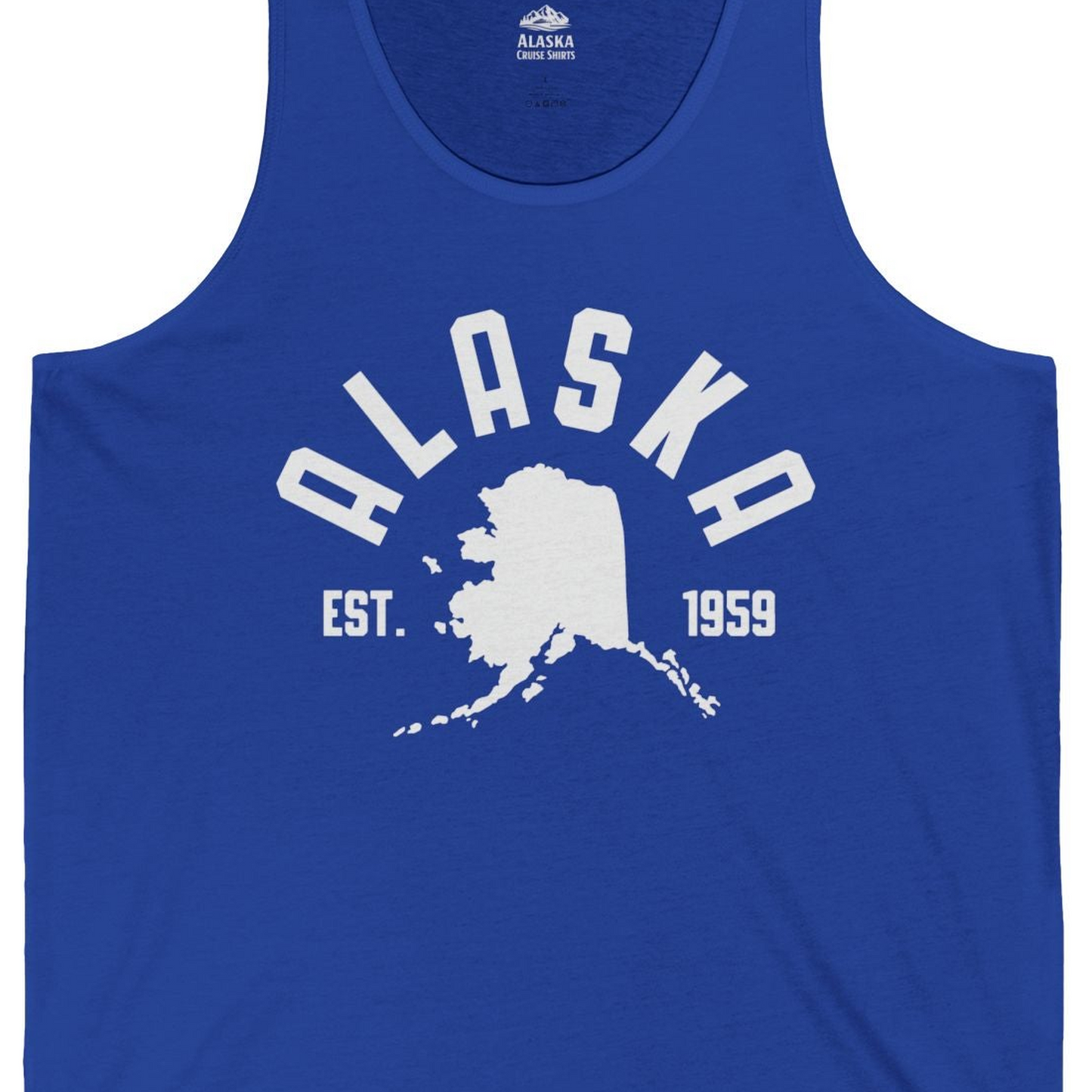 Vintage Alaska State Outline Est 1959 Retro Collegiate Shirt — Tank Top Tank Top – True Royal – Alaska Cruise Shirts Close Up