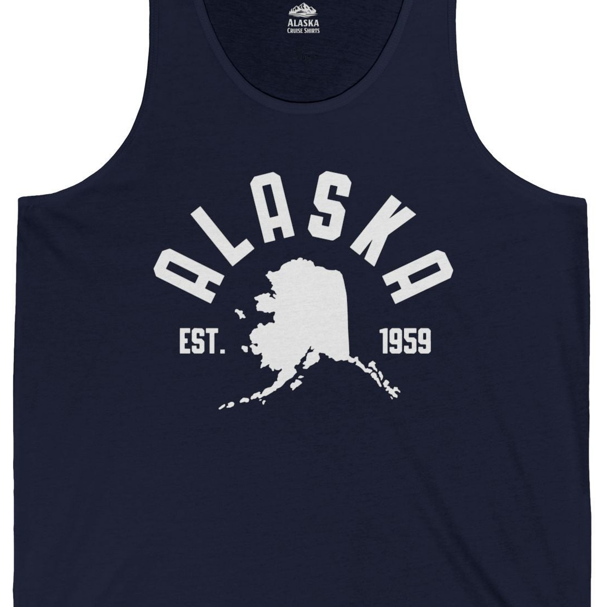 Vintage Alaska State Outline Est 1959 Retro Collegiate Shirt — Tank Top Tank Top – Navy – Alaska Cruise Shirts Close Up