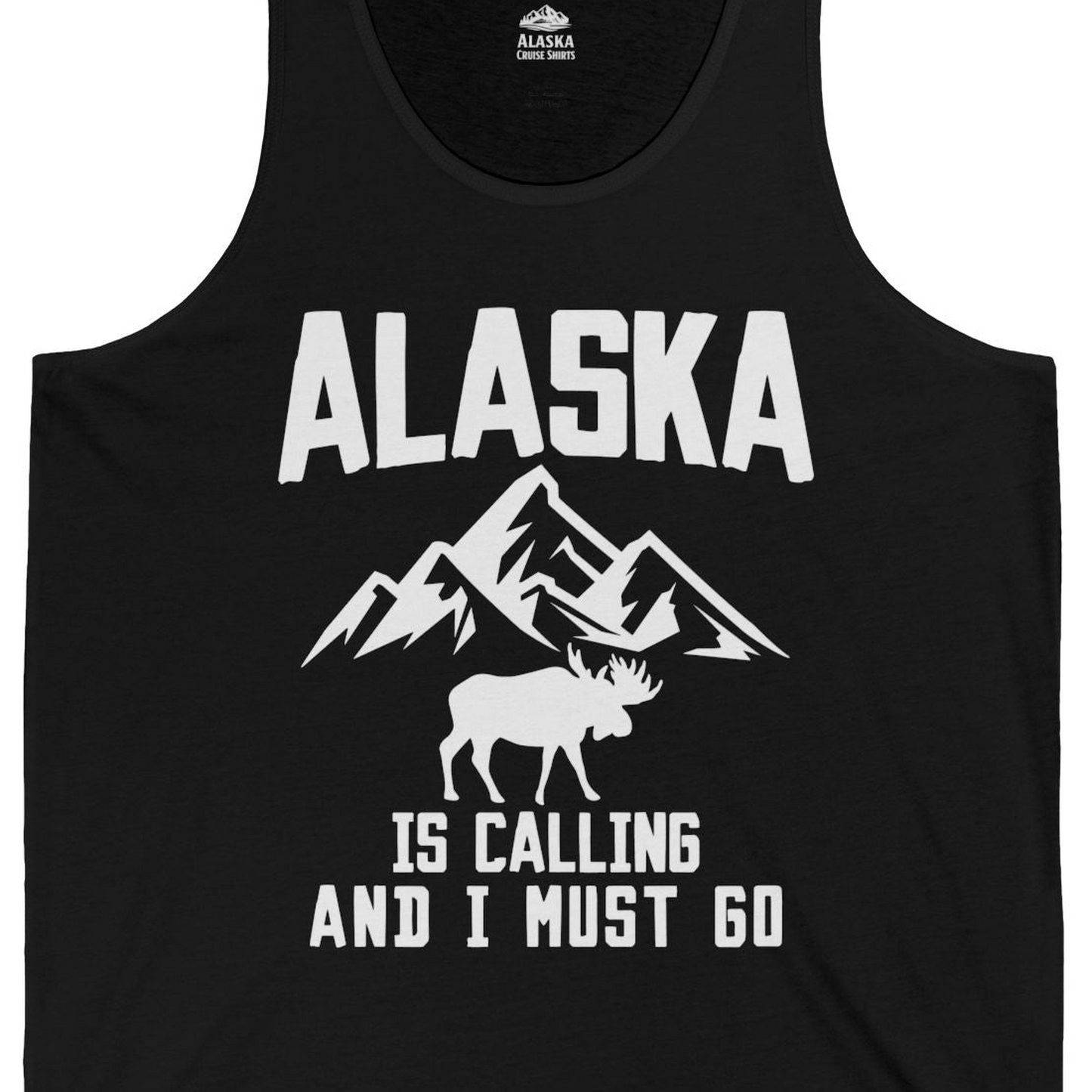 Alaska Is Calling Moose Mountains Adventure Silhouette Nature tank top — Tank Top Tank Top – Black – Alaska Cruise Shirts Close Up
