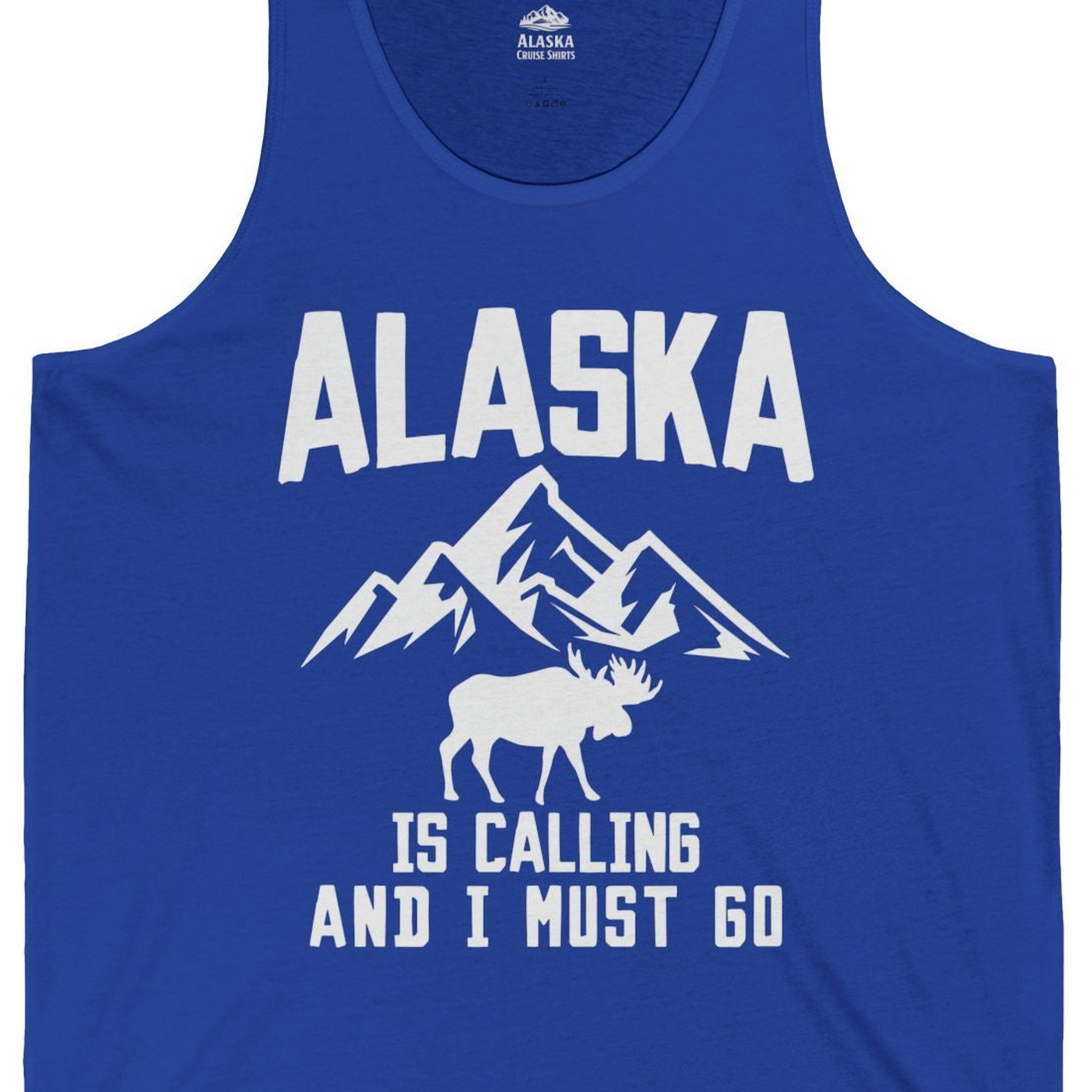 Alaska Is Calling Moose Mountains Adventure Silhouette Nature tank top — Tank Top Tank Top – True Royal – Alaska Cruise Shirts Close Up