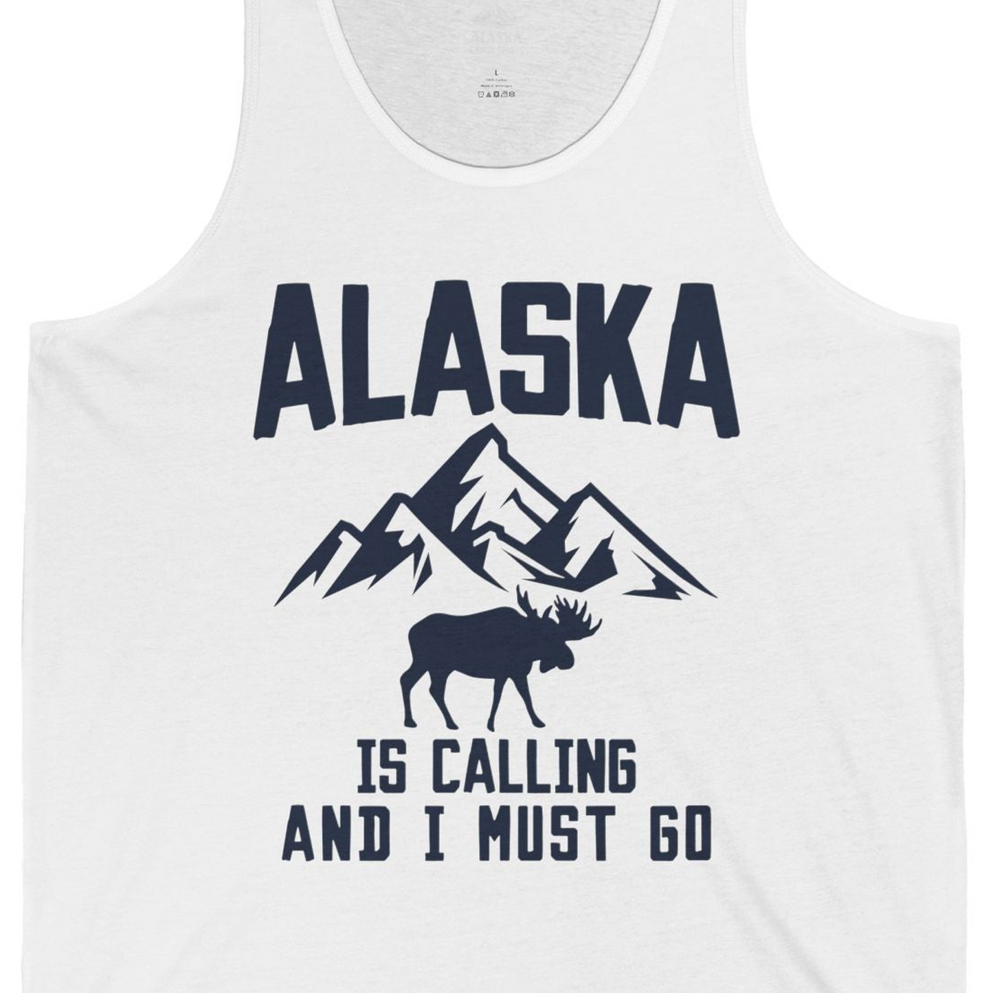 Alaska Is Calling Moose Mountains Adventure Silhouette Nature tank top — Tank Top Tank Top – White – Alaska Cruise Shirts Close Up