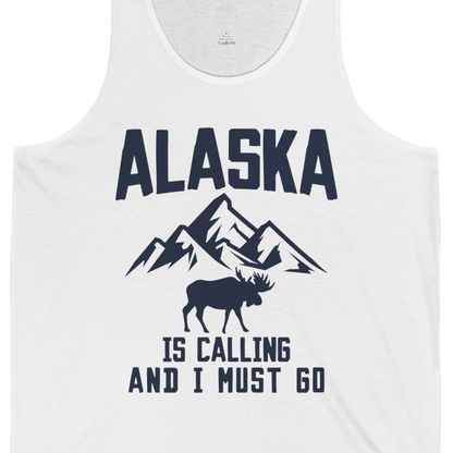 Alaska Is Calling Moose Mountains Adventure Silhouette Nature tank top — Tank Top Tank Top – White – Alaska Cruise Shirts Close Up