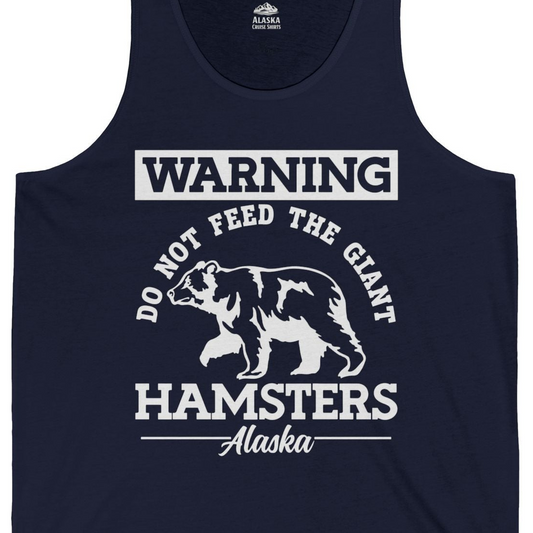 Funny Alaska Bear Warning Parody Do Not Feed the Giant Hamsters Shirt — Tank Top Tank Top – Navy – Alaska Cruise Shirts Close Up
