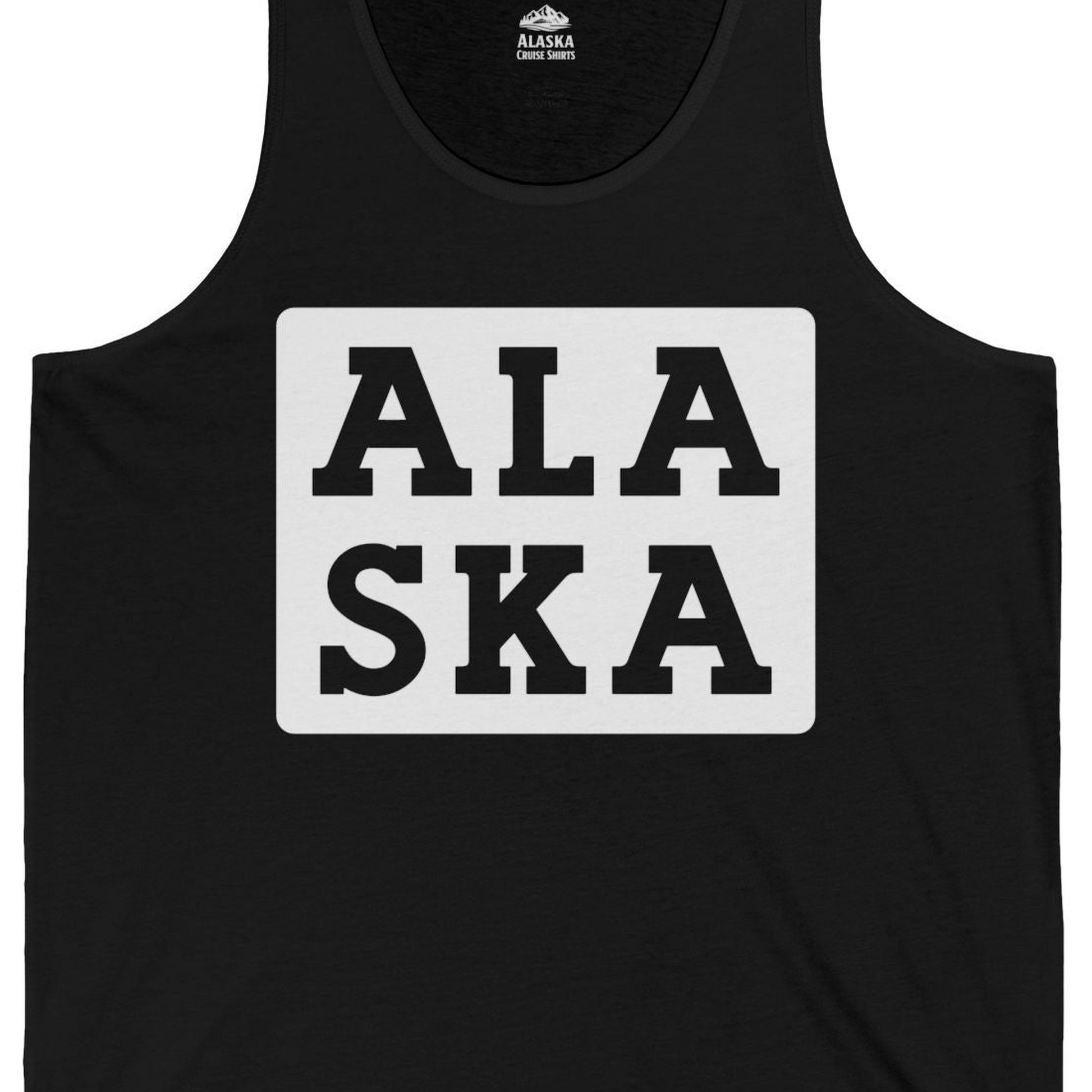 Bold Alaska Block Text Shirt Tank Top – Black – Alaska Cruise Shirts Close Up