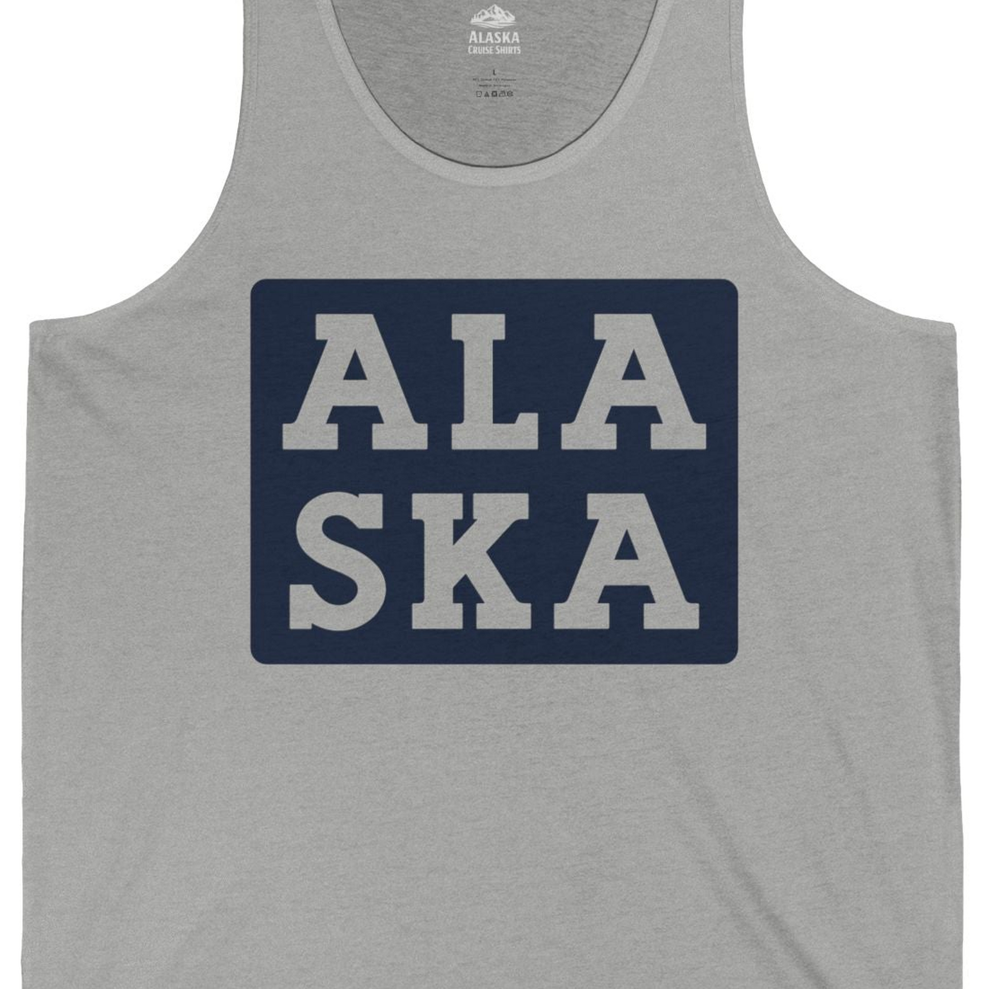 Bold Alaska Block Text Shirt Tank Top – Athletic Heather – Alaska Cruise Shirts Close Up
