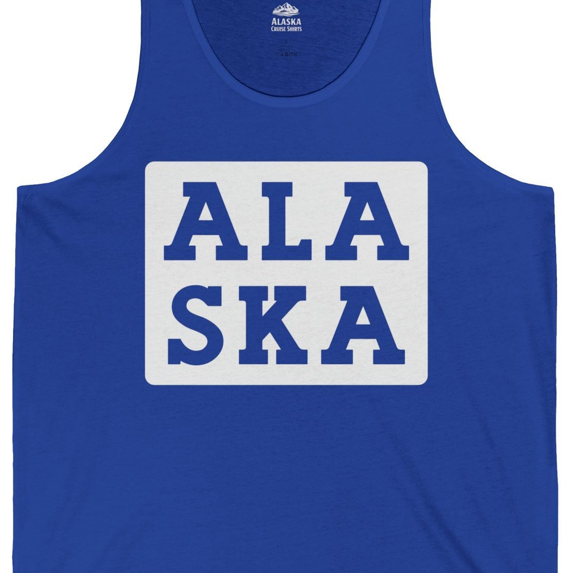 Bold Alaska Block Text Shirt Tank Top – True Royal – Alaska Cruise Shirts Close Up
