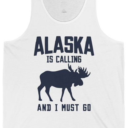Alaska Is Calling Moose Silhouette Shirt Tank Top – White – Alaska Cruise Shirts Close Up