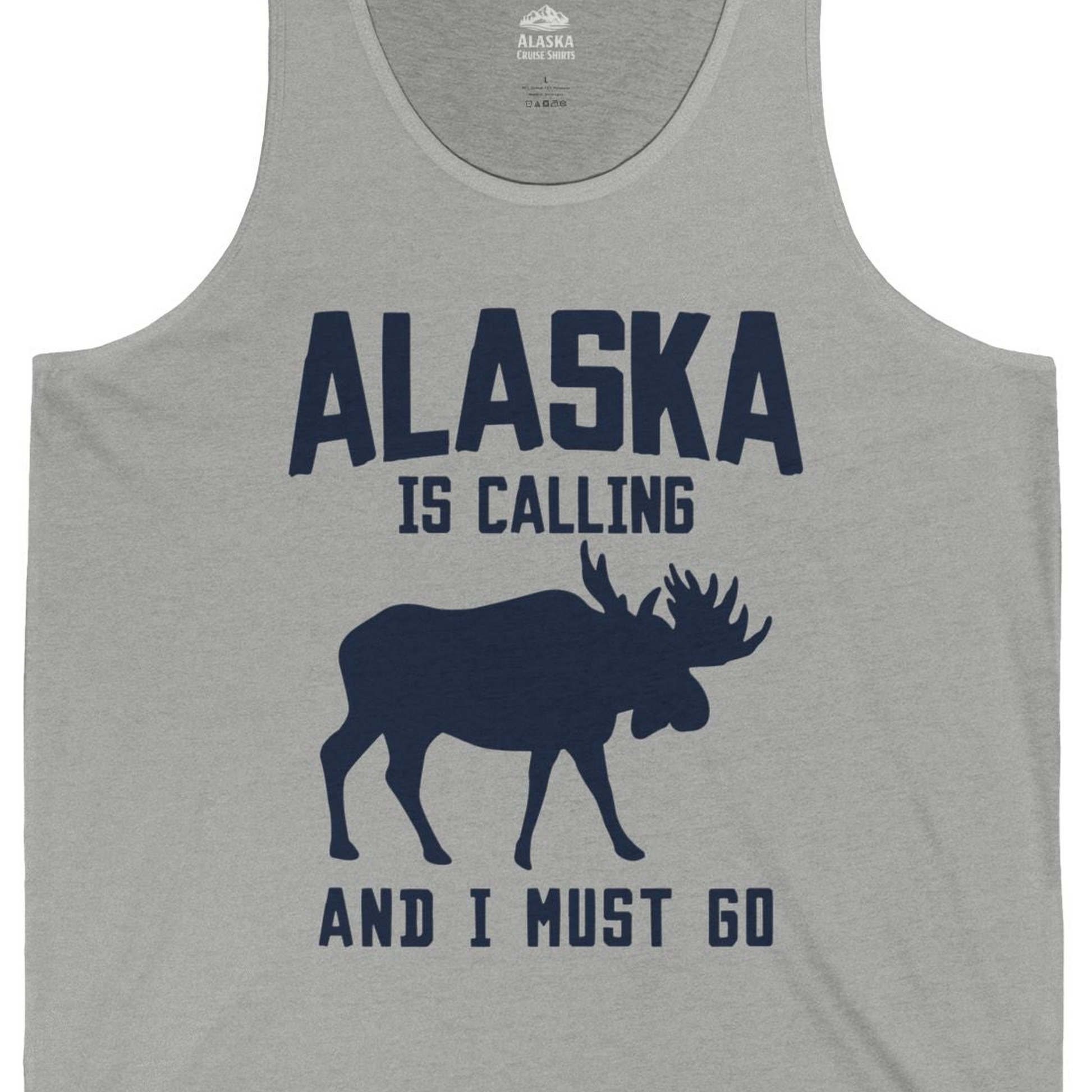Alaska Is Calling Moose Silhouette Shirt Tank Top – Athletic Heather – Alaska Cruise Shirts Close Up