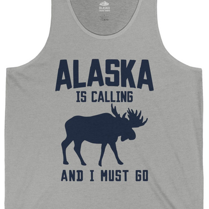 Alaska Is Calling Moose Silhouette Shirt Tank Top – Athletic Heather – Alaska Cruise Shirts Close Up