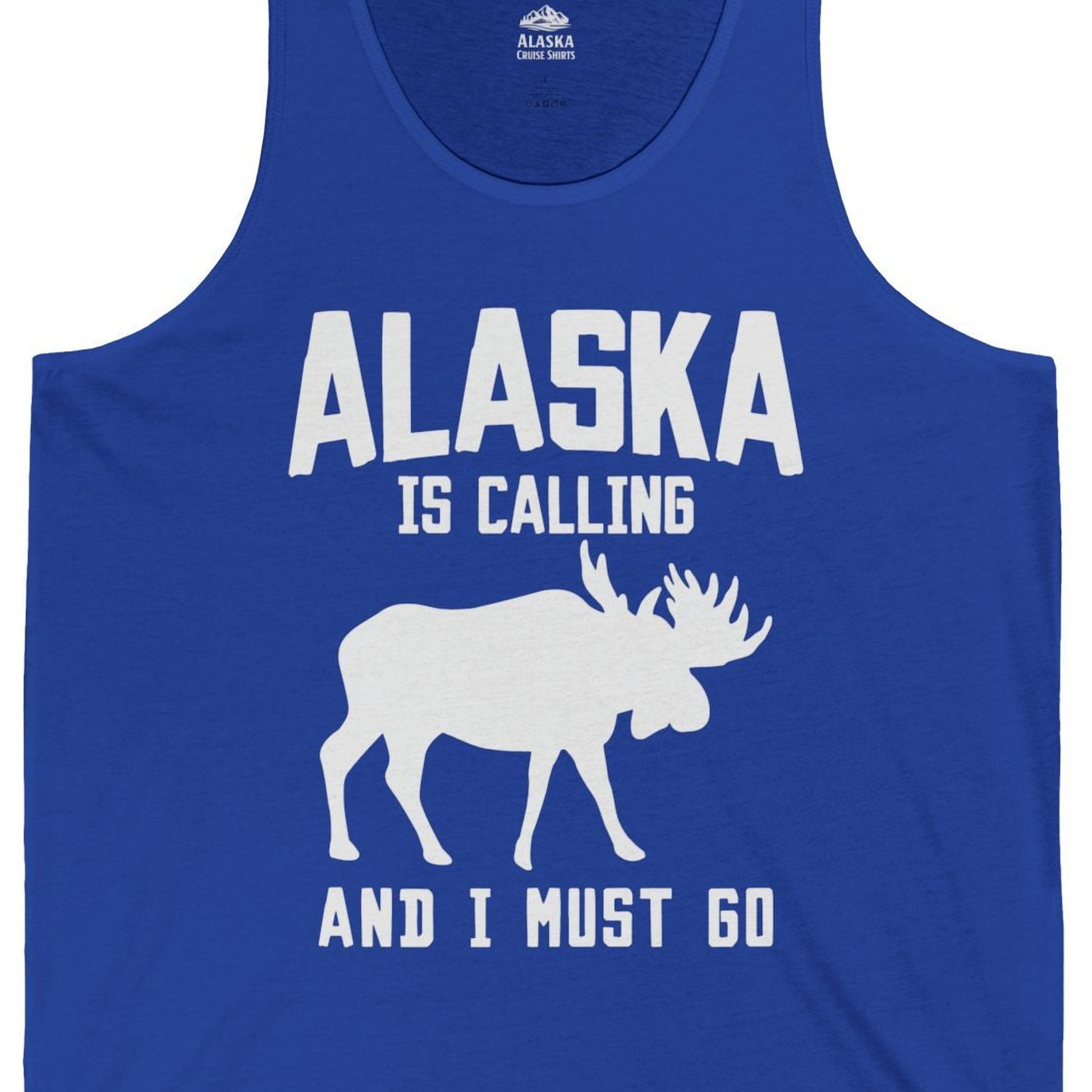 Alaska Is Calling Moose Silhouette Shirt Tank Top – True Royal – Alaska Cruise Shirts Close Up