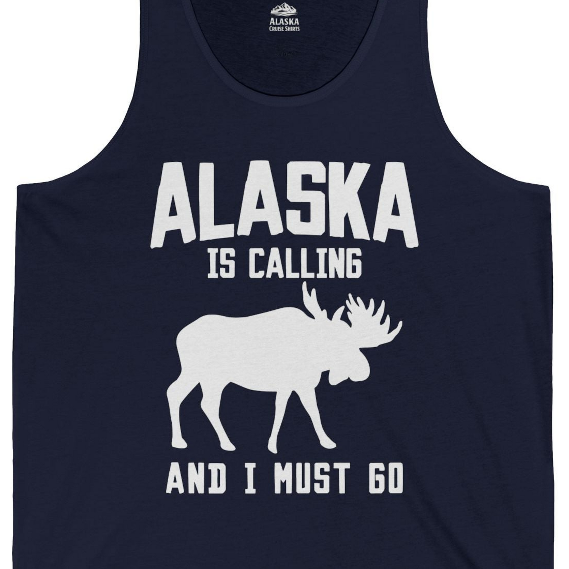 Alaska Is Calling Moose Silhouette Shirt Tank Top – Navy – Alaska Cruise Shirts Close Up