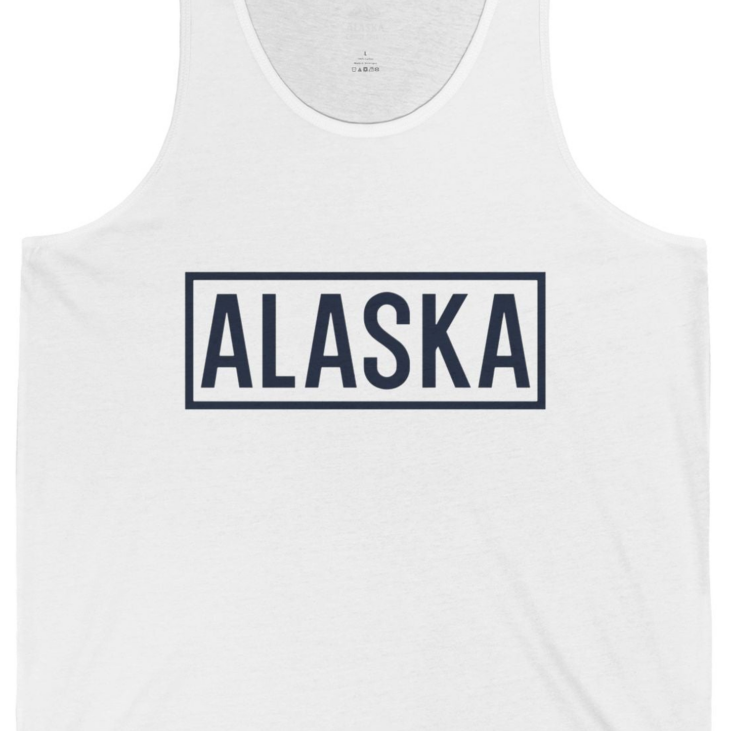 Alaska Bold Text Minimalist Monochrome Graphic Shirt for Travelers — Tank Top Tank Top – White – Alaska Cruise Shirts Close Up