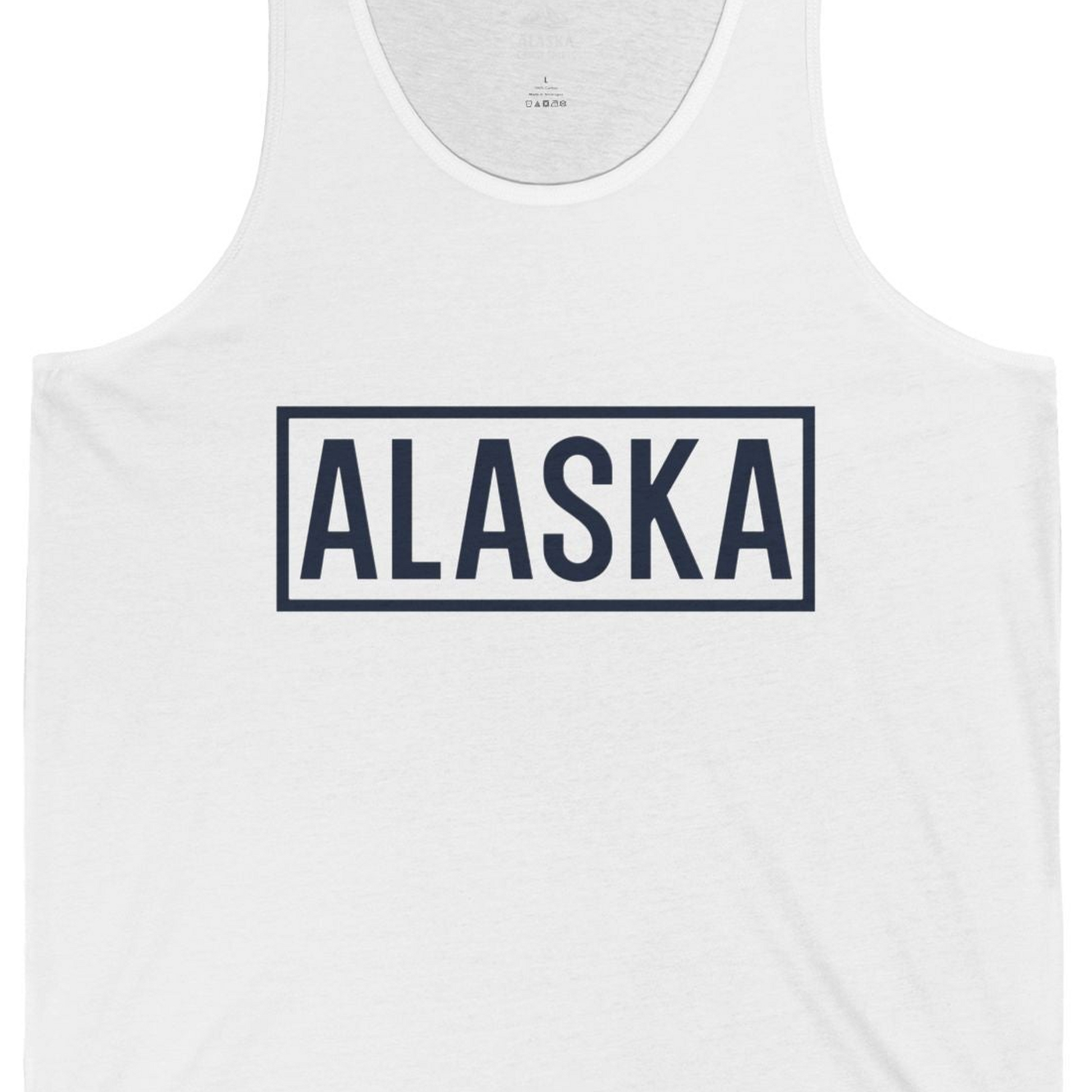 Alaska Bold Text Minimalist Monochrome Graphic Shirt for Travelers — Tank Top Tank Top – White – Alaska Cruise Shirts Close Up