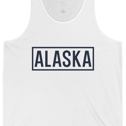 Alaska Bold Text Minimalist Monochrome Graphic Shirt for Travelers — Tank Top Tank Top – White – Alaska Cruise Shirts Close Up