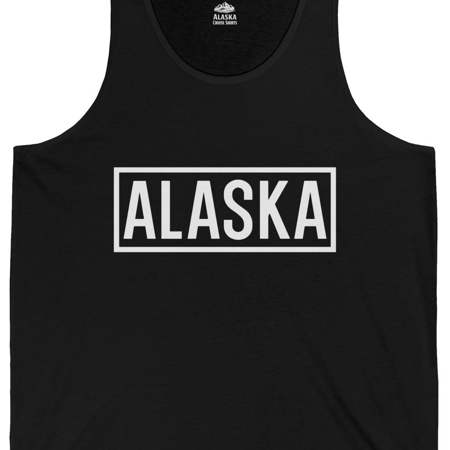 Alaska Bold Text Minimalist Monochrome Graphic Shirt for Travelers — Tank Top Tank Top – Black – Alaska Cruise Shirts Close Up