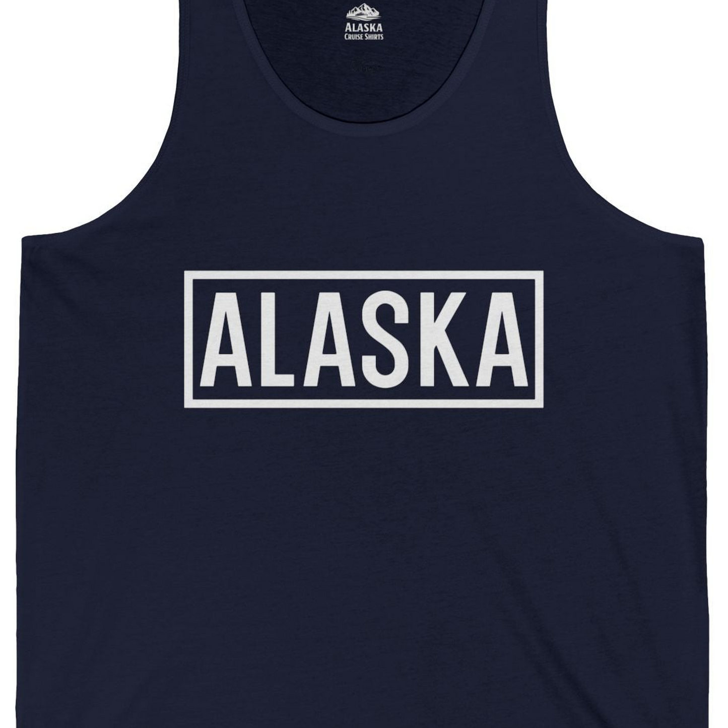 Alaska Bold Text Minimalist Monochrome Graphic Shirt for Travelers — Tank Top Tank Top – Navy – Alaska Cruise Shirts Close Up
