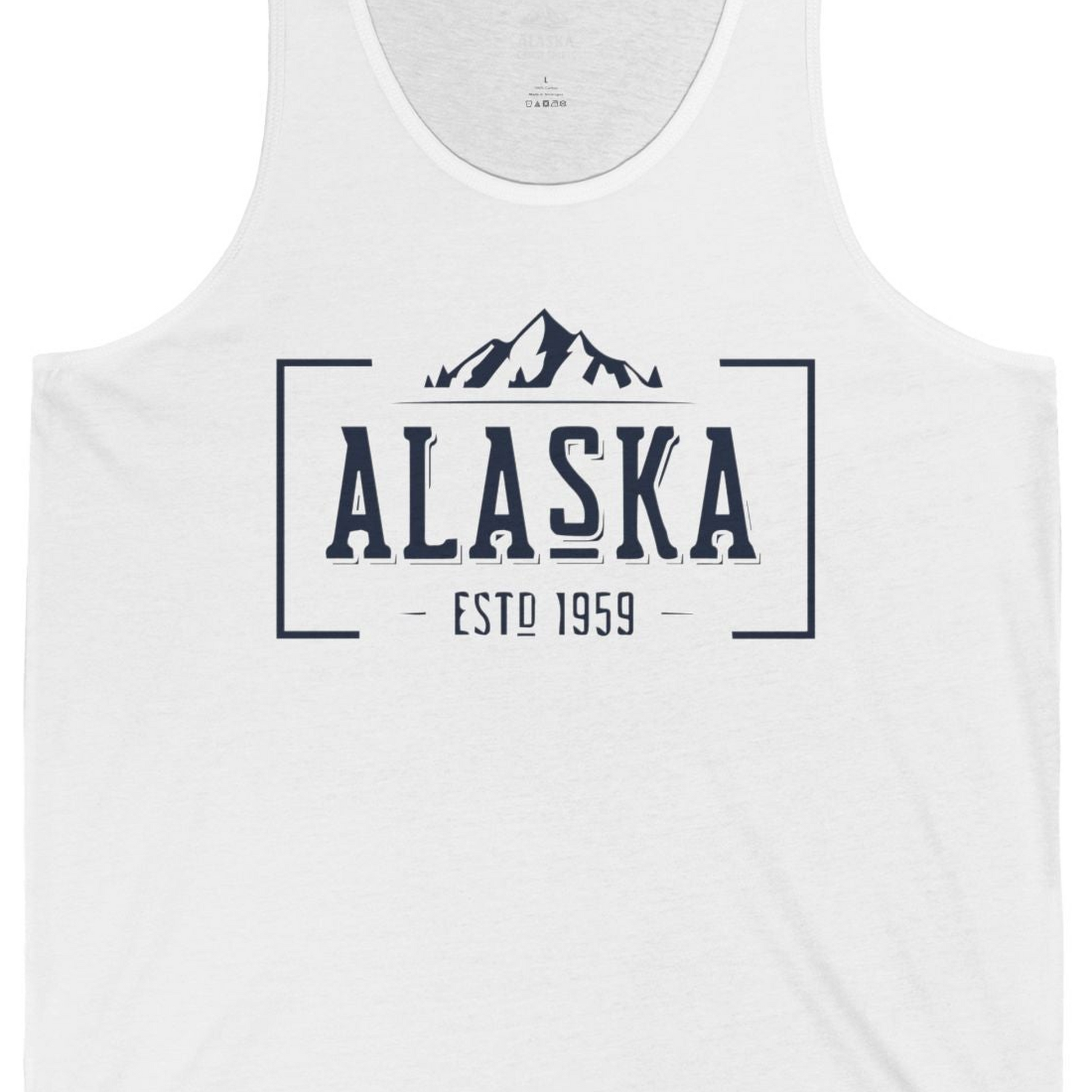 Vintage Alaska Estd 1959 Shirt Tank Top – White – Alaska Cruise Shirts Close Up