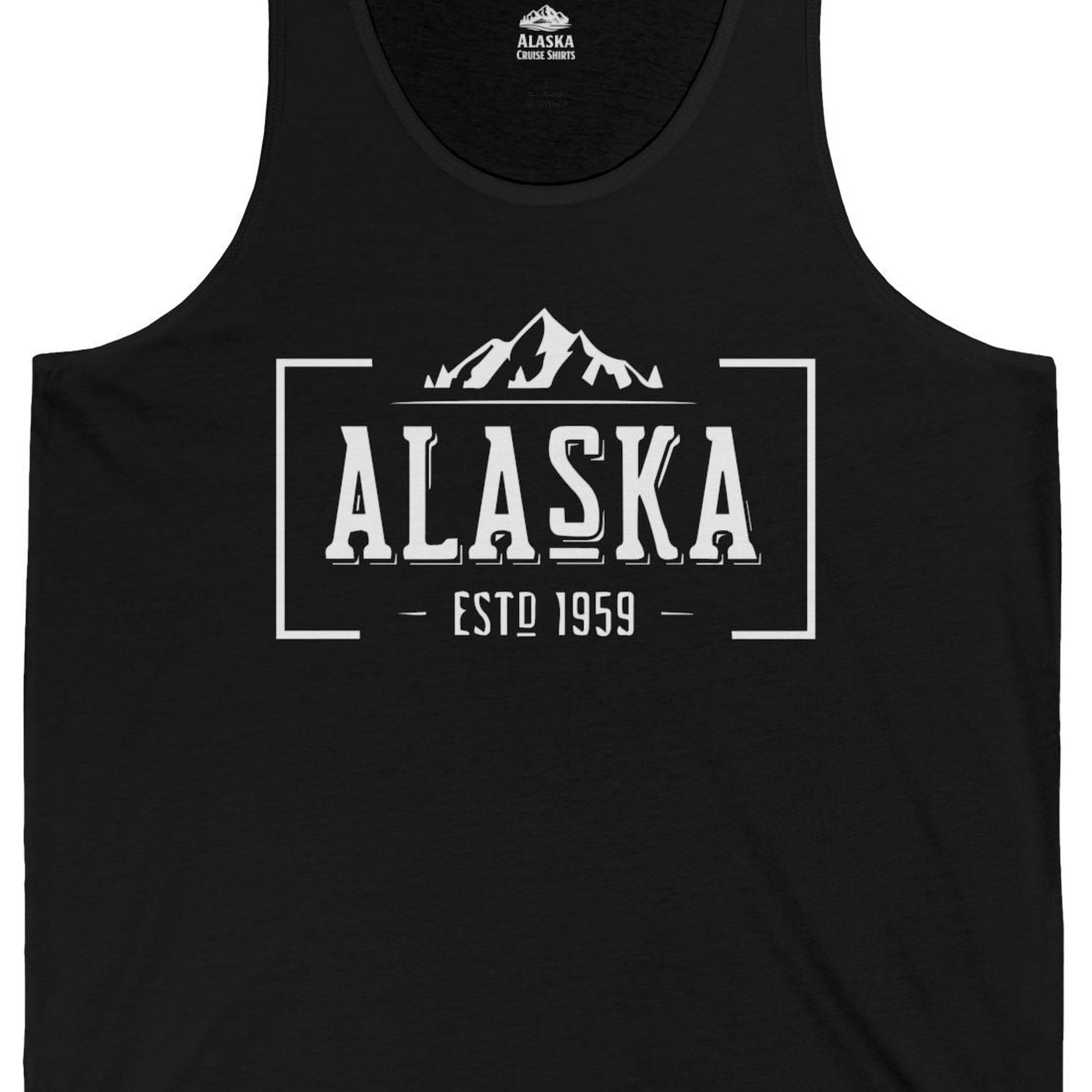 Vintage Alaska Estd 1959 Shirt Tank Top – Black – Alaska Cruise Shirts Close Up