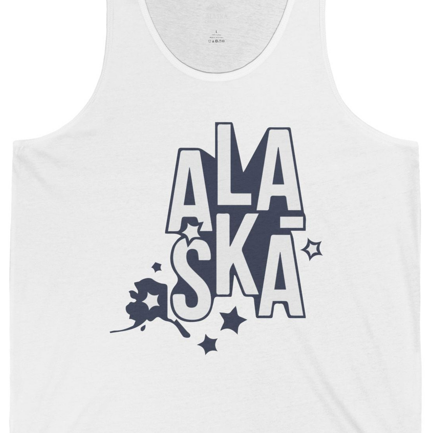 Alaska Stars Bold Typography Shirt Tank Top – White – Alaska Cruise Shirts Close Up