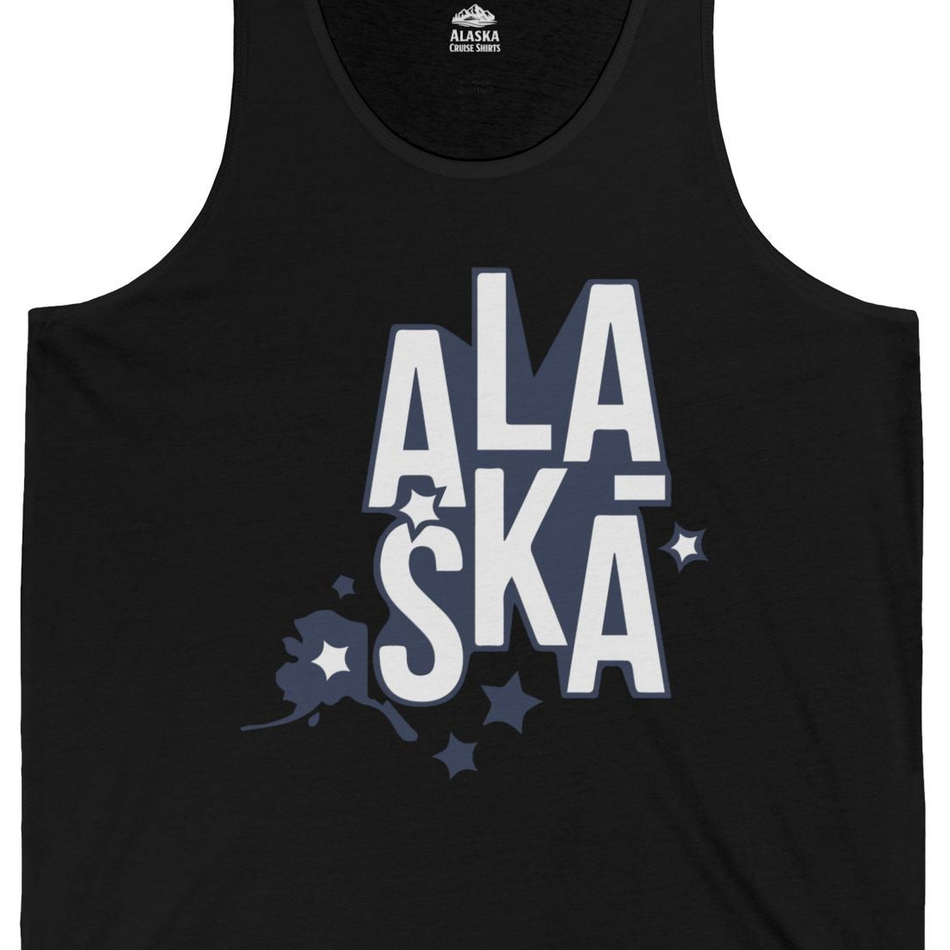 Alaska Stars Bold Typography Shirt Tank Top – Black – Alaska Cruise Shirts Close Up