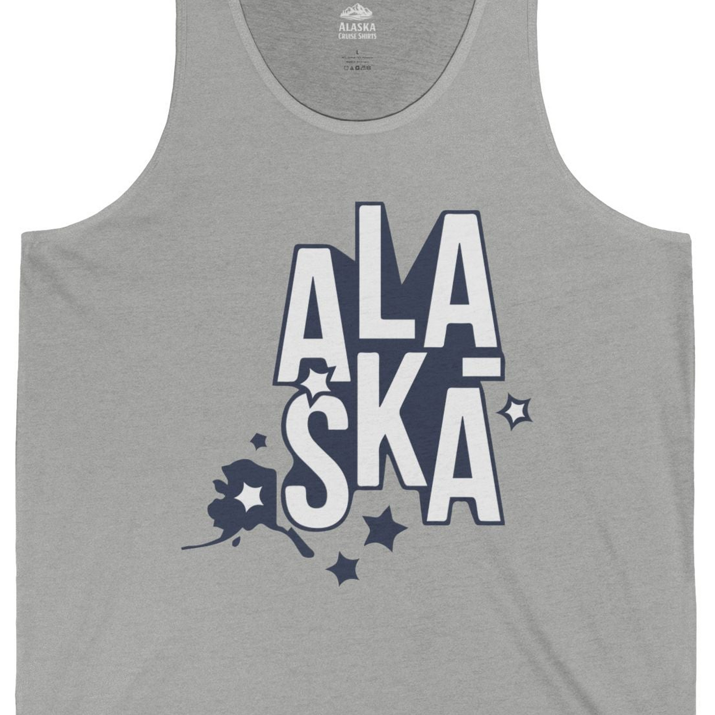 Alaska Stars Bold Typography Shirt Tank Top – Athletic Heather – Alaska Cruise Shirts Close Up