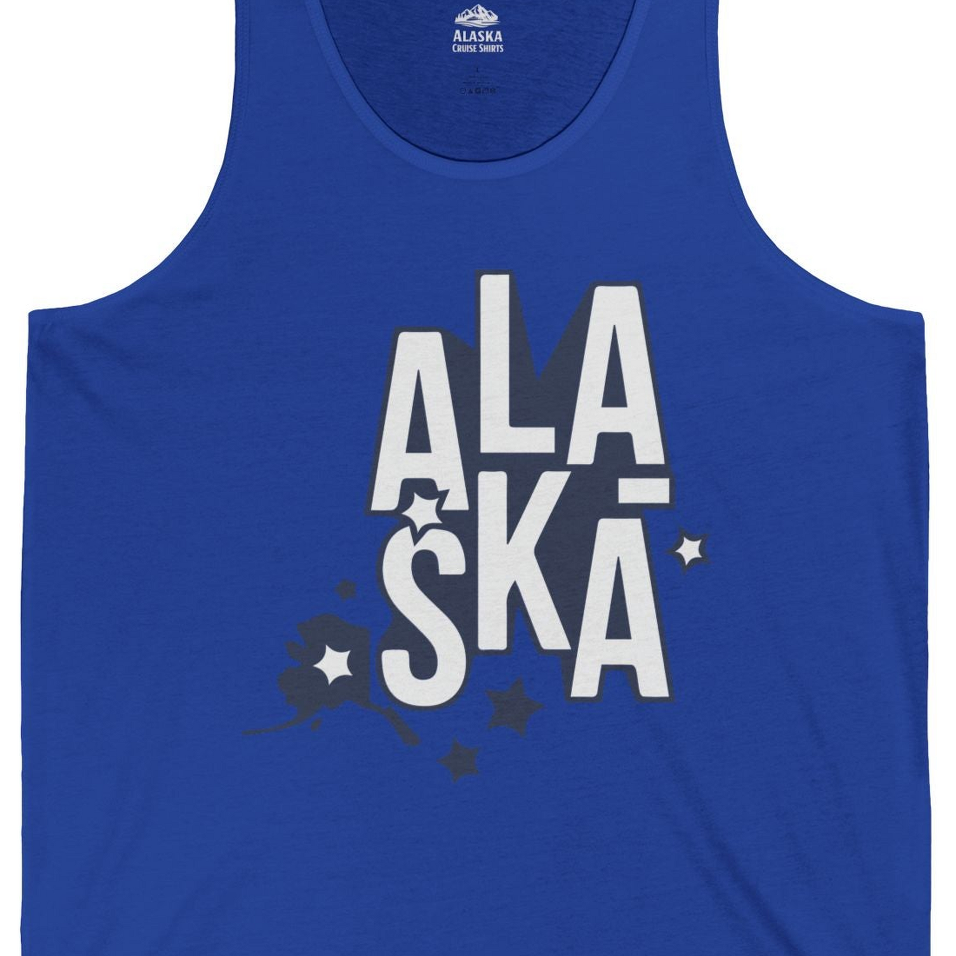 Alaska Stars Bold Typography Shirt Tank Top – True Royal – Alaska Cruise Shirts Close Up