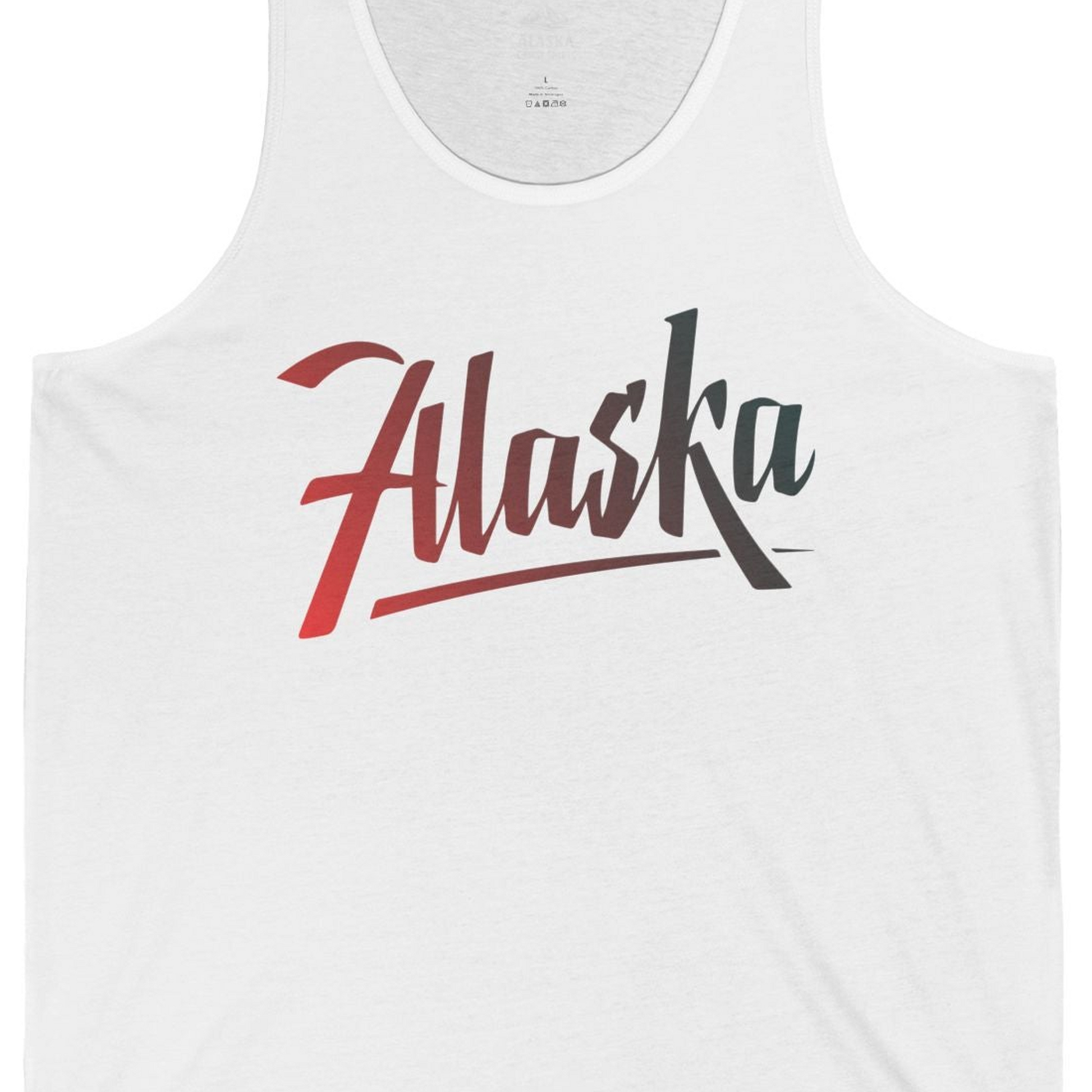 Alaska Script Wordmark Shirt Tank Top – White – Alaska Cruise Shirts Close Up