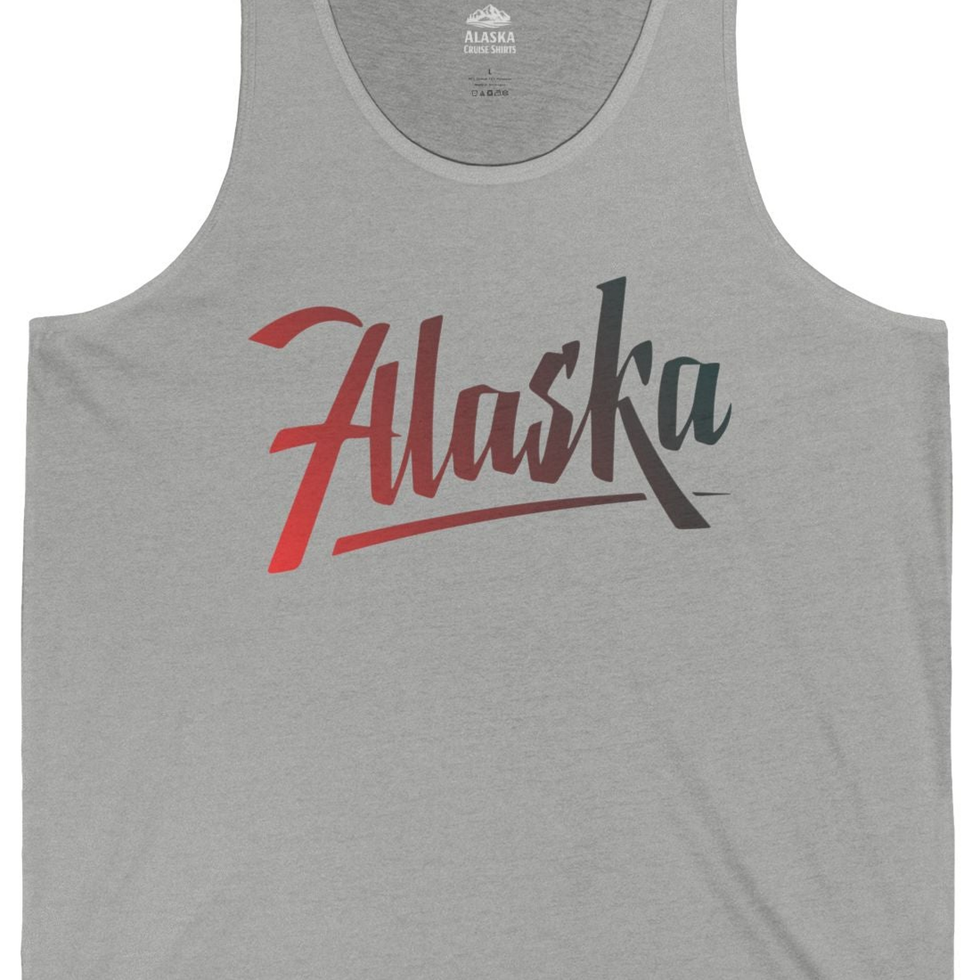 Alaska Script Wordmark Shirt Tank Top – Athletic Heather – Alaska Cruise Shirts Close Up