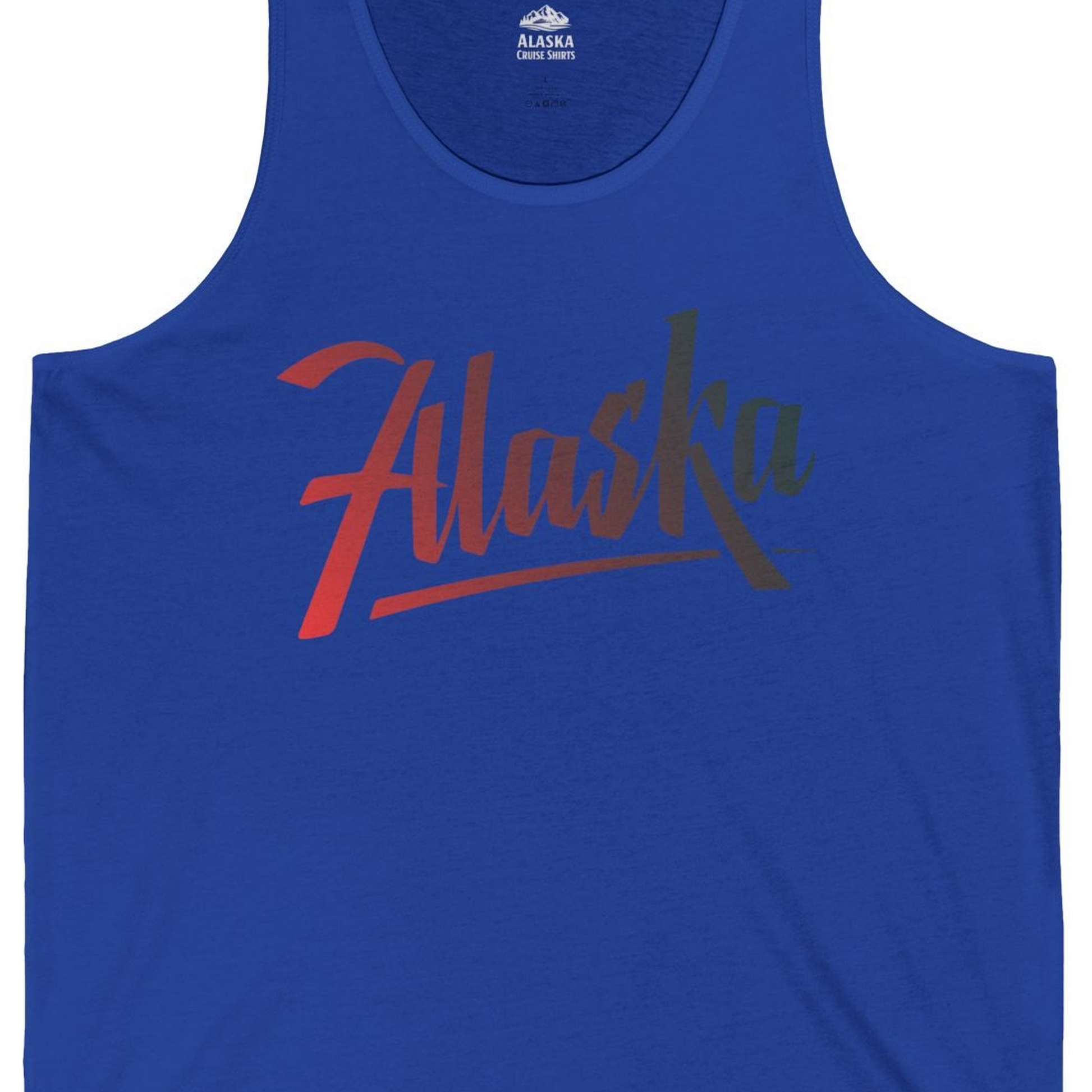 Alaska Script Wordmark Shirt Tank Top – True Royal – Alaska Cruise Shirts Close Up