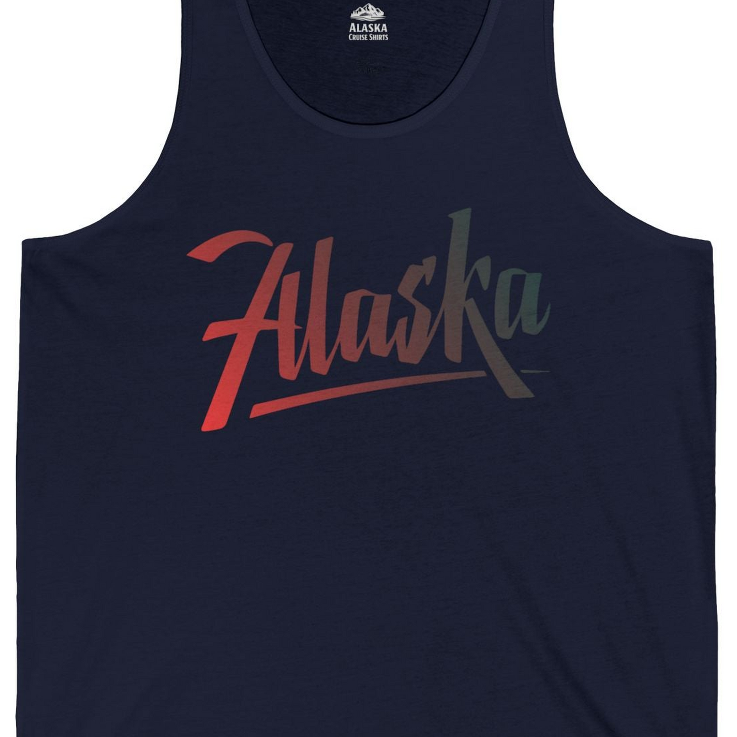 Alaska Script Wordmark Shirt Tank Top – Navy – Alaska Cruise Shirts Close Up