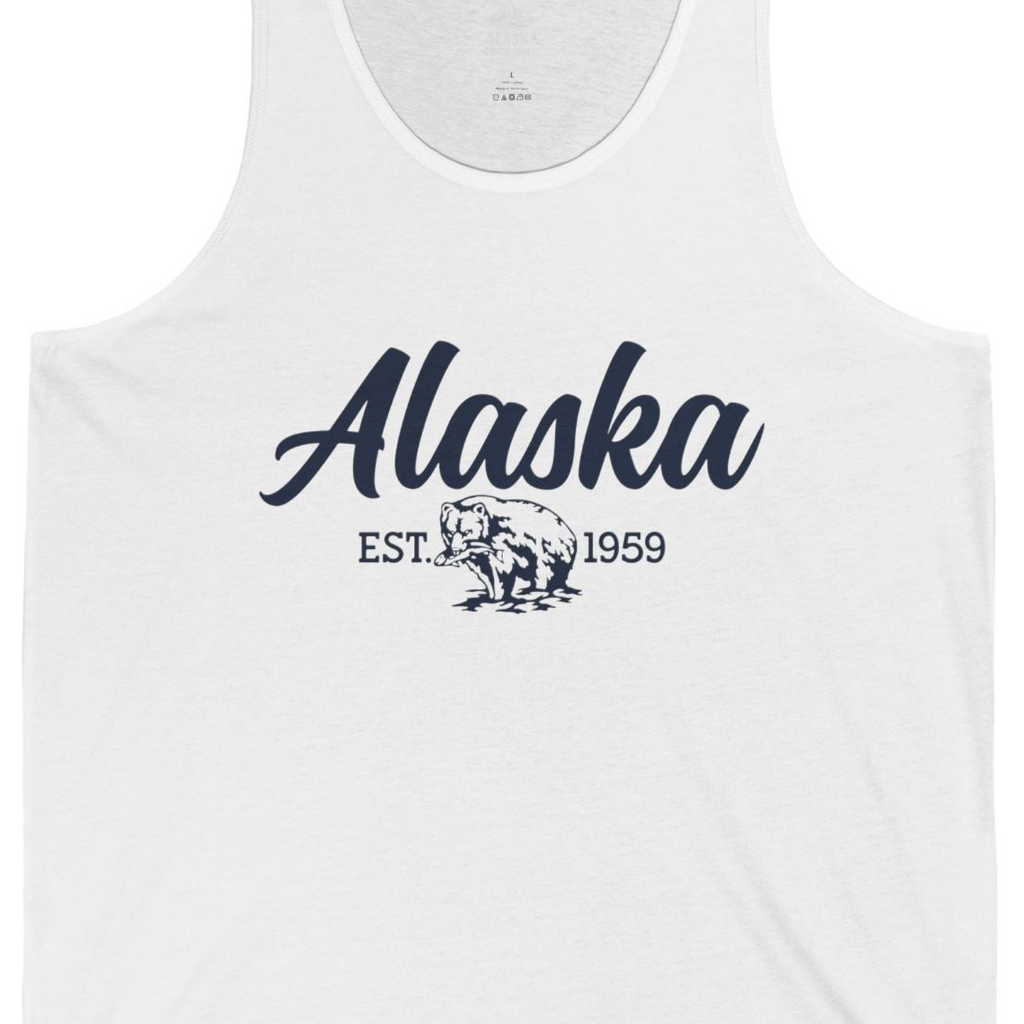 Alaska Bear Est 1959 Vintage Wildlife Graphic Monochrome Shirt — Tank Top Tank Top – White – Alaska Cruise Shirts Close Up