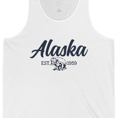 Alaska Bear Est 1959 Vintage Wildlife Graphic Monochrome Shirt — Tank Top Tank Top – White – Alaska Cruise Shirts Close Up