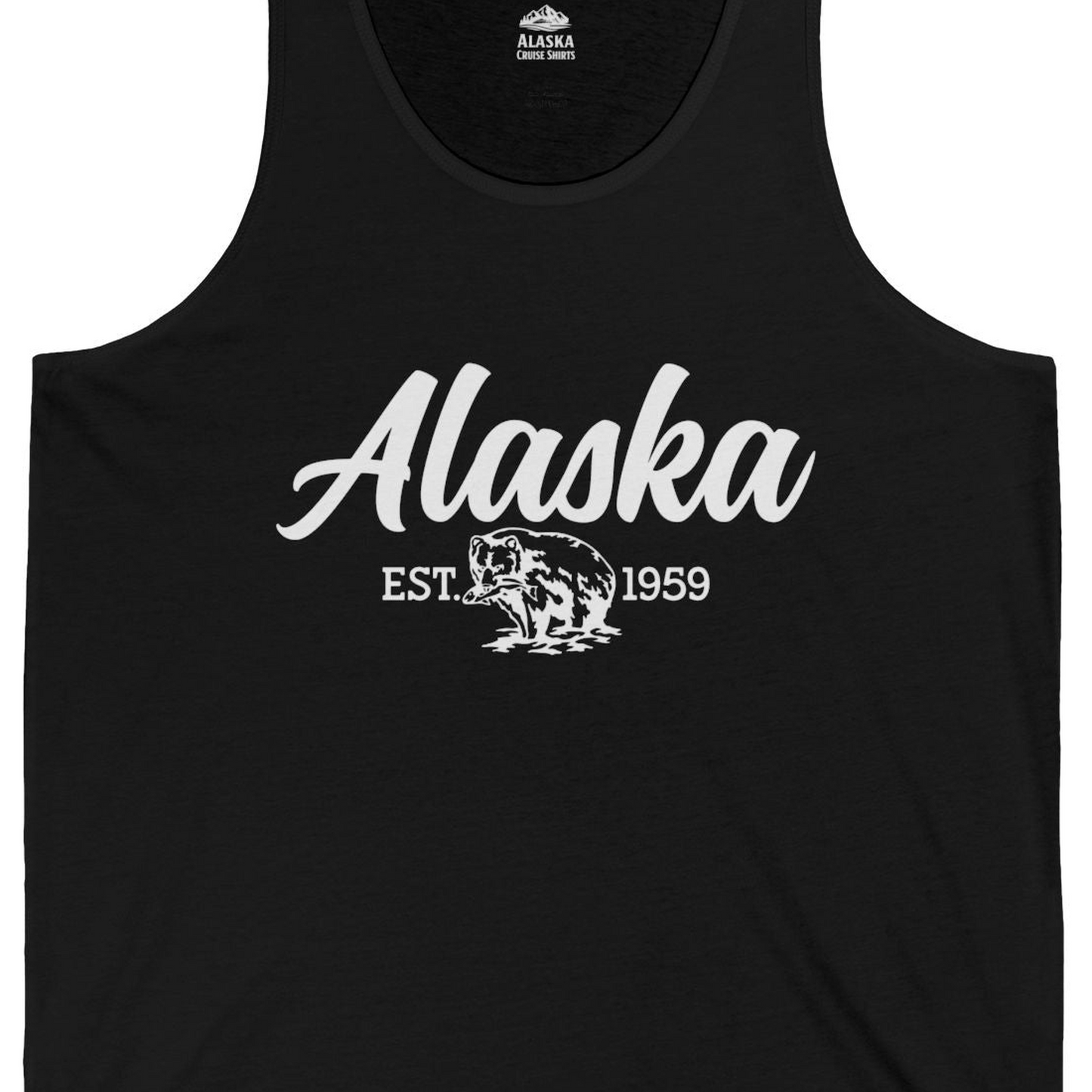 Alaska Bear Est 1959 Vintage Wildlife Graphic Monochrome Shirt — Tank Top Tank Top – Black – Alaska Cruise Shirts Close Up
