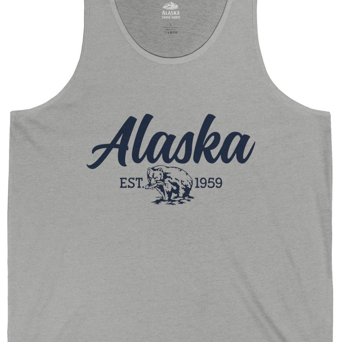Alaska Bear Est 1959 Vintage Wildlife Graphic Monochrome Shirt — Tank Top Tank Top – Athletic Heather – Alaska Cruise Shirts Close Up