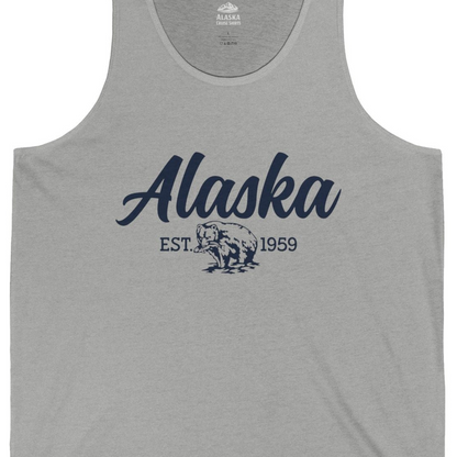 Alaska Bear Est 1959 Vintage Wildlife Graphic Monochrome Shirt — Tank Top Tank Top – Athletic Heather – Alaska Cruise Shirts Close Up