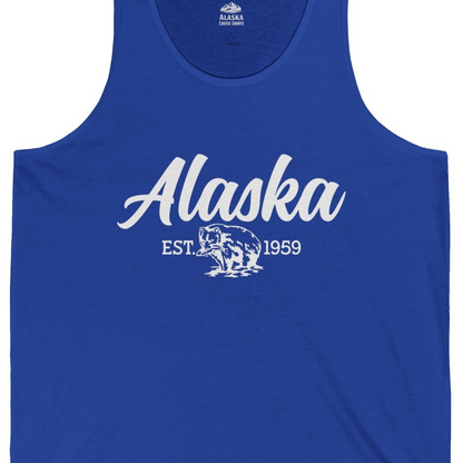 Alaska Bear Est 1959 Vintage Wildlife Graphic Monochrome Shirt — Tank Top Tank Top – True Royal – Alaska Cruise Shirts Close Up