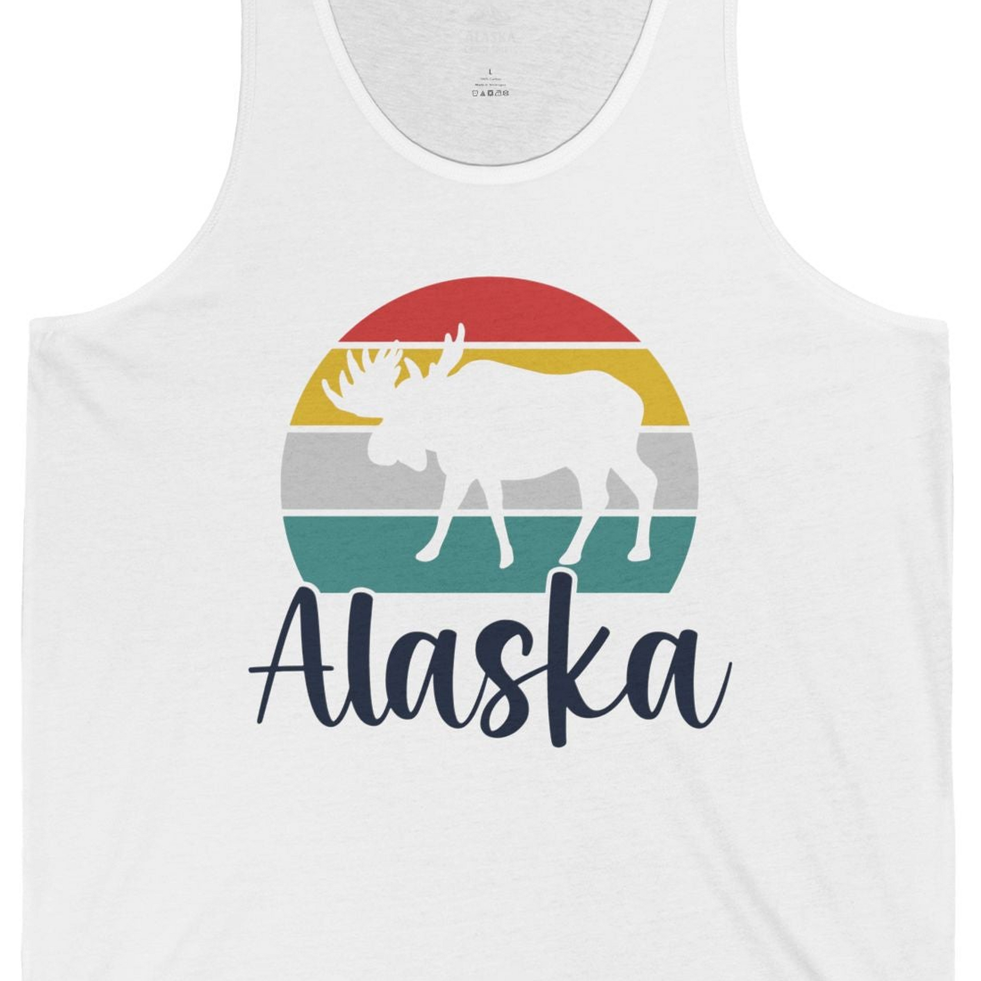 Retro Alaska Moose Silhouette Shirt Tank Top – White – Alaska Cruise Shirts Close Up