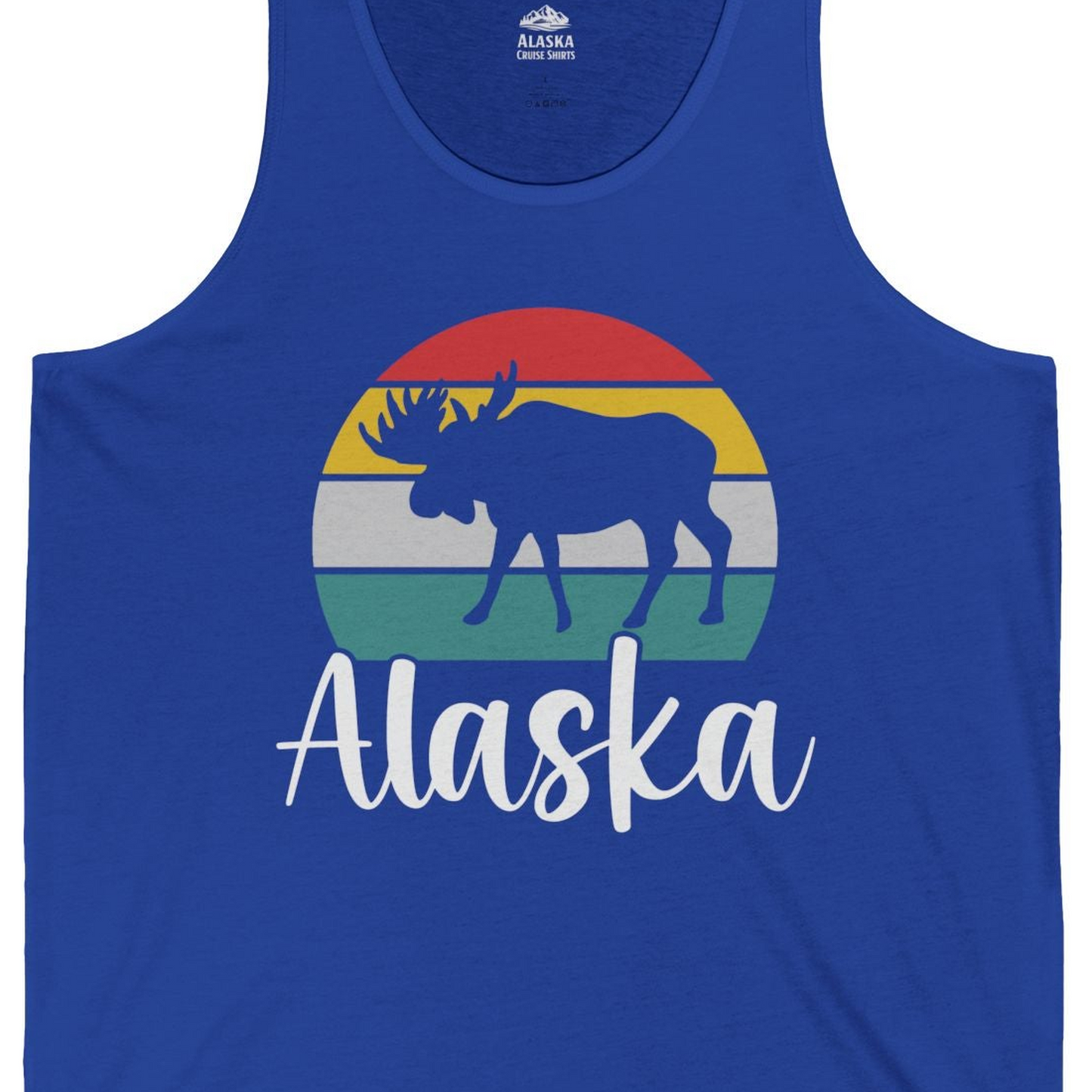 Retro Alaska Moose Silhouette Shirt Tank Top – True Royal – Alaska Cruise Shirts Close Up