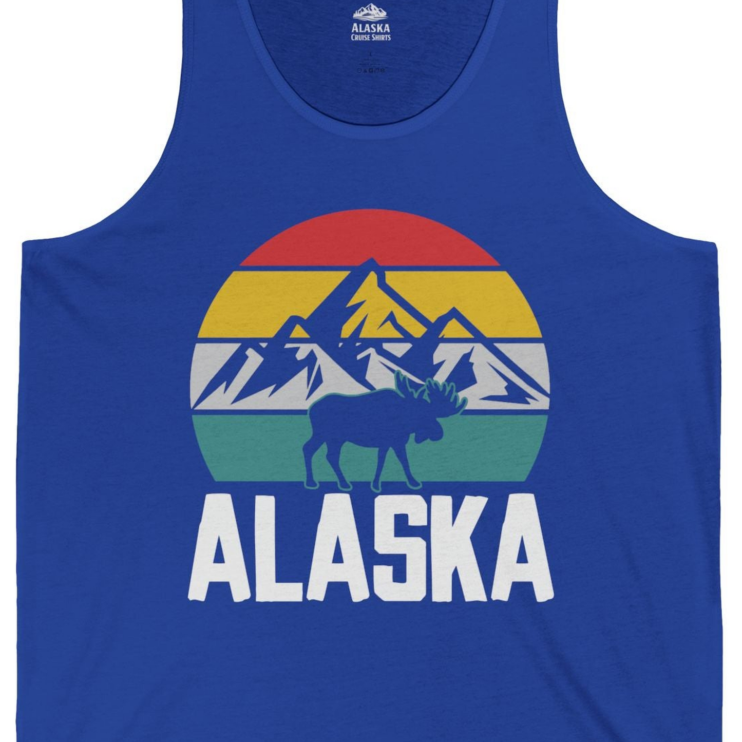 Retro Alaska Moose Silhouette Shirt Tank Top – True Royal – Alaska Cruise Shirts Close Up