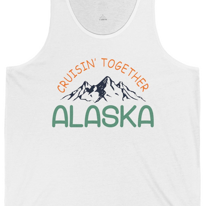 Cruisin Together Alaska Mountain Adventure Cruise Graphic Shirt — Tank Top Tank Top – White – Alaska Cruise Shirts Close Up