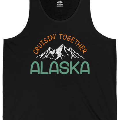 Cruisin Together Alaska Mountain Adventure Cruise Graphic Shirt — Tank Top Tank Top – Black – Alaska Cruise Shirts Close Up