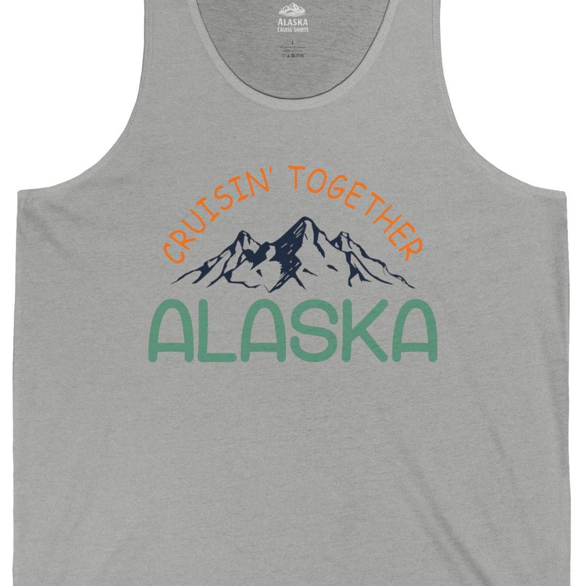 Cruisin Together Alaska Mountain Adventure Cruise Graphic Shirt — Tank Top Tank Top – Athletic Heather – Alaska Cruise Shirts Close Up