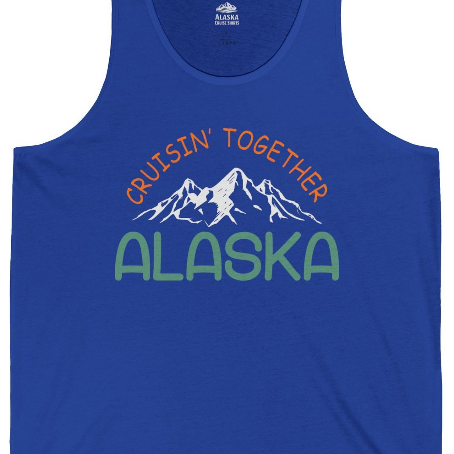Cruisin Together Alaska Mountain Adventure Cruise Graphic Shirt — Tank Top Tank Top – True Royal – Alaska Cruise Shirts Close Up