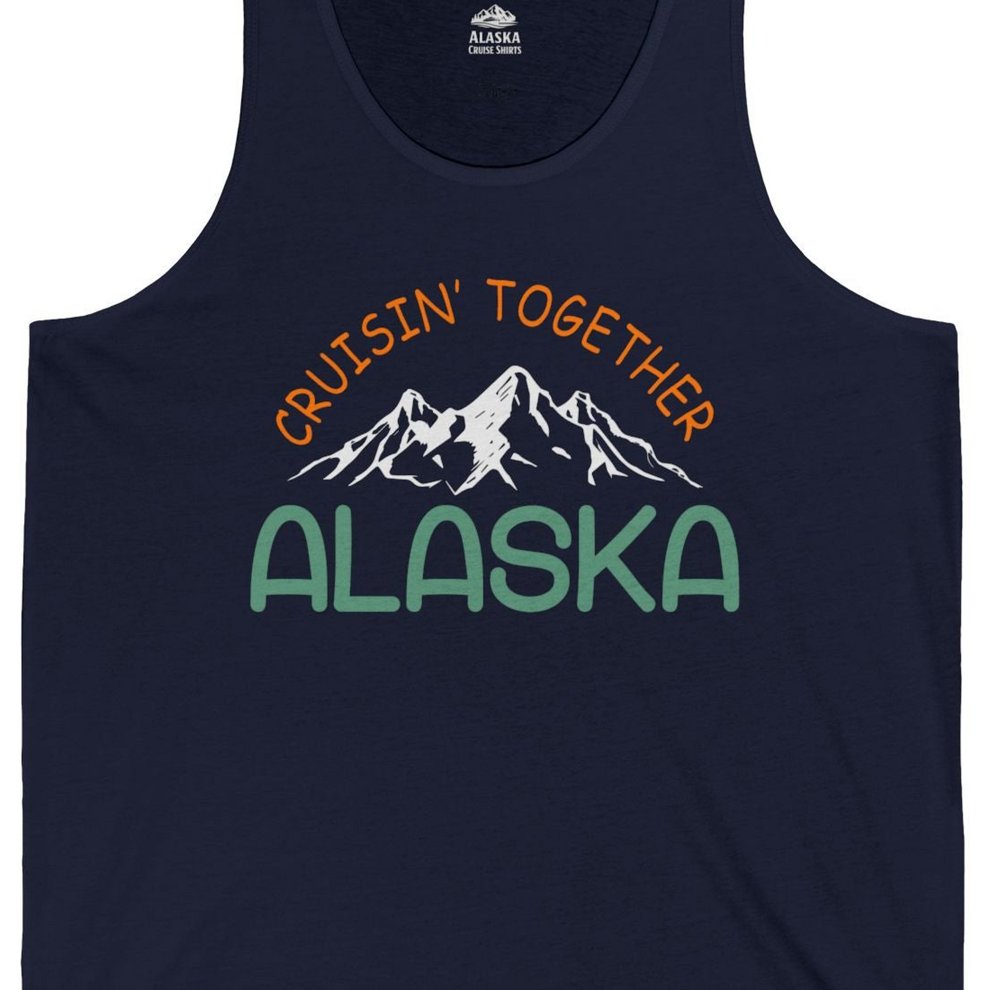 Cruisin Together Alaska Mountain Adventure Cruise Graphic Shirt — Tank Top Tank Top – Navy – Alaska Cruise Shirts Close Up
