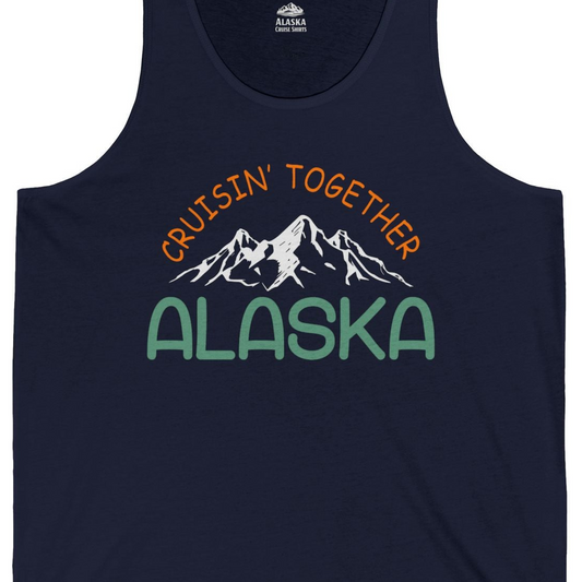 Cruisin Together Alaska Mountain Adventure Cruise Graphic Shirt — Tank Top Tank Top – Navy – Alaska Cruise Shirts Close Up