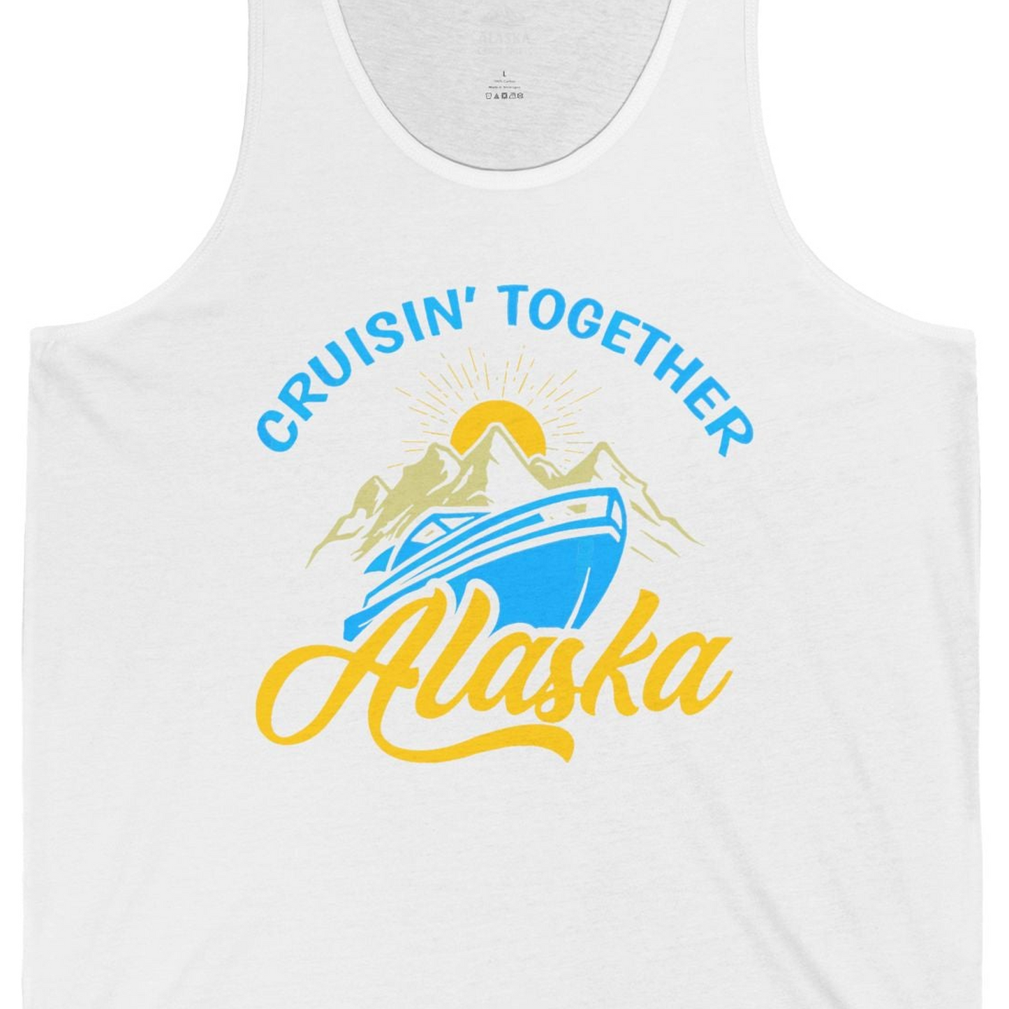 Alaska Cruise Adventure Mountains Sunrise Retro Shirt for Travelers — Tank Top Tank Top – White – Alaska Cruise Shirts Close Up